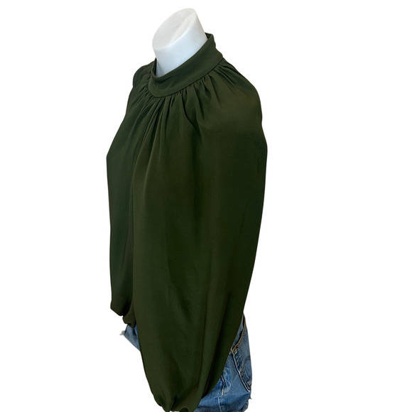 CO Olive Green Wrap Top MEDIUM Balloon Sleeve Career Mockneck Silk Designer $900 - Picture 8 of 12